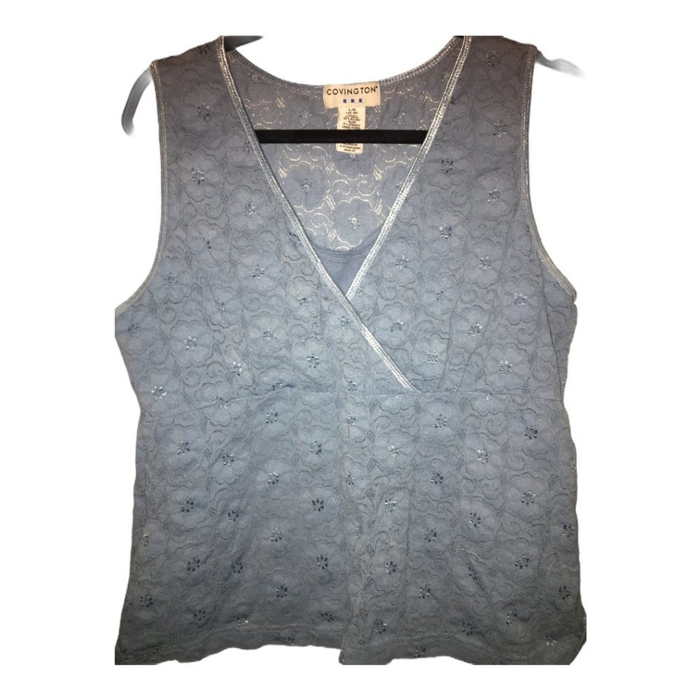 Covington Women Tank Top L Lace Blue Stretch